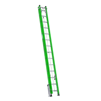 28FT AERO TYPE IAA FIBERGLASS BOX RAIL/TRI-RUNG EXTENSION LADDER W/ LEVELER, BRACKET SUPPORT KIT B7128-2X9295