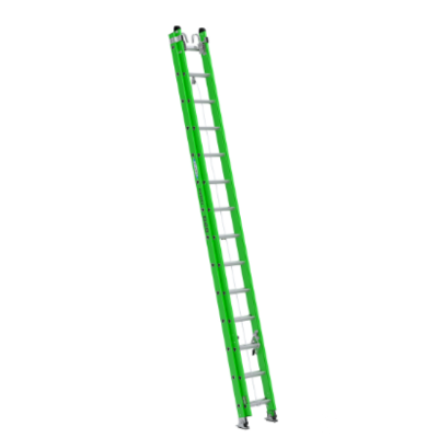 28FT AERO TYPE IAA FIBERGLASS BOX RAIL/TRI-RUNG EXTENSION LADDER W/ CABLE HOOK, V-RUNG B7128-2X9085