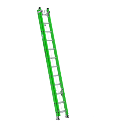 24FT AERO TYPE IAA FIBERGLASS BOX RAIL/TRI-RUNG EXTENSION LADDER W/ CABLE HOOK, V-RUNG B7124-2X9085