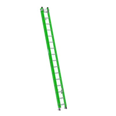 32FT AERO TYPE IAA FIBERGLASS BOX RAIL/TRI-RUNG EXTENSION LADDER W/ CABLE HOOK, V-RUNG B7132-2X9085